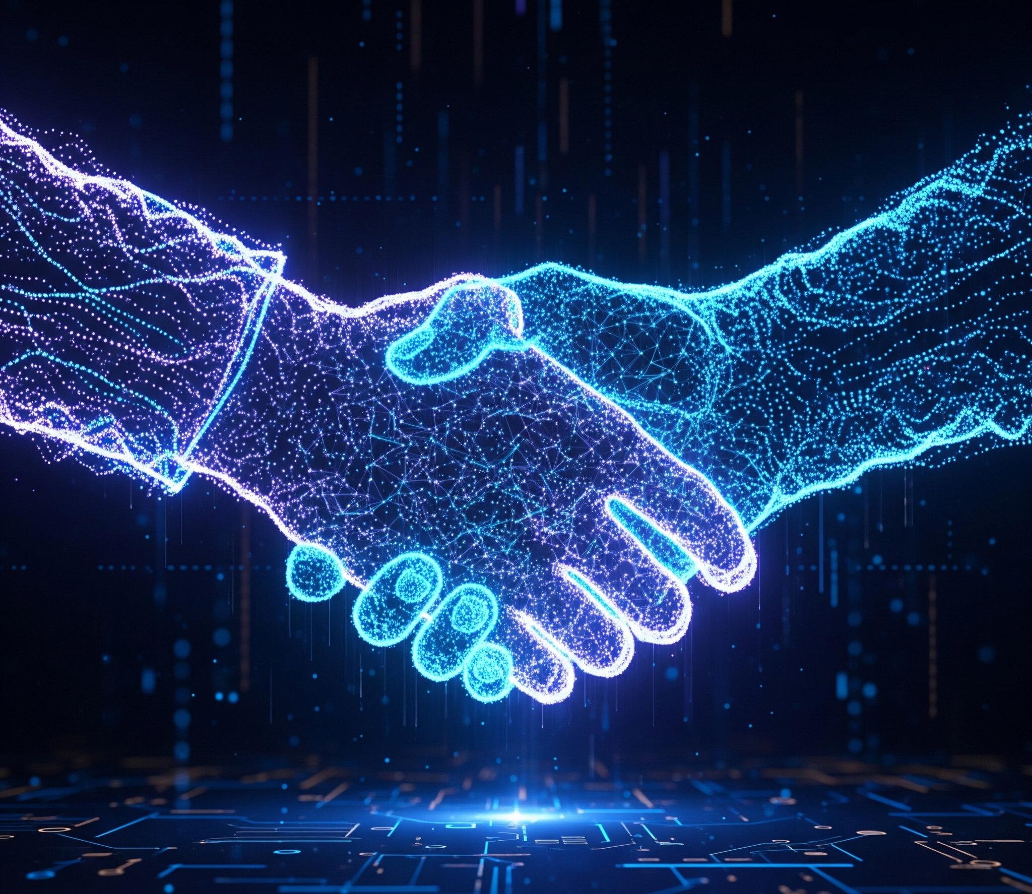 Digital handshake representing partnership and leadership collaboration in AptitudeFlow