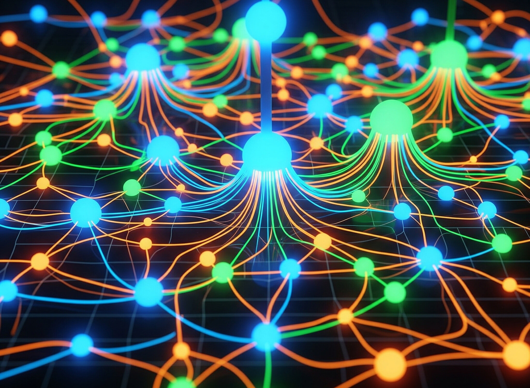 Branching network graph with glowing nodes representing AptitudeFlow leadership connections and growth